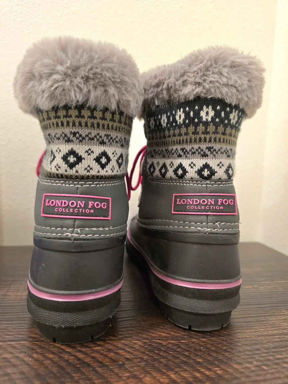 London Fog Girls Gray Pink Waterproof Snow Boots Faux Fur NWOT Youth Size 2